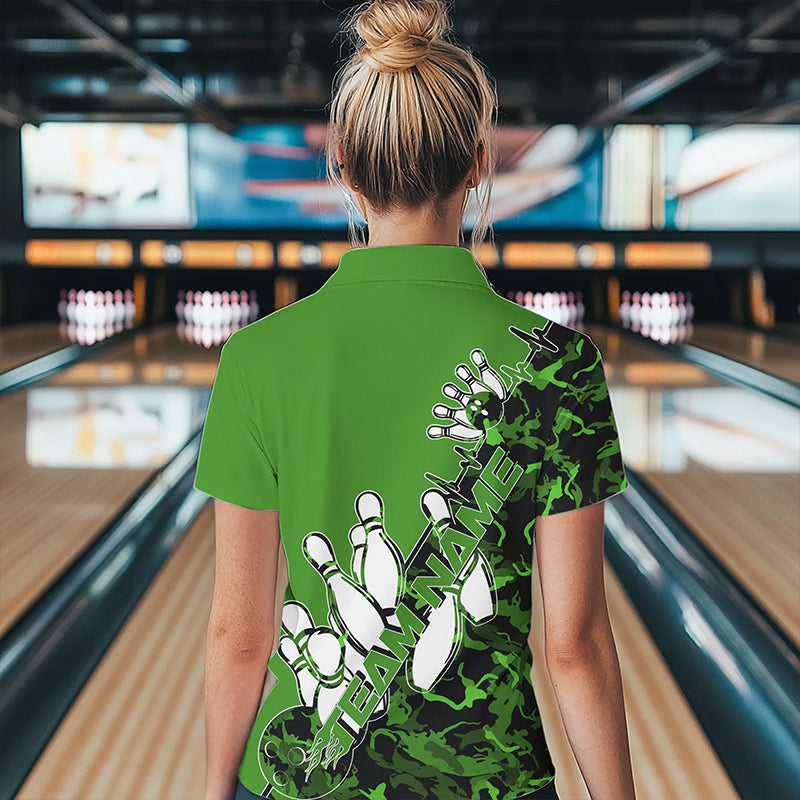 Custom Green Camo Strike Womens Bowling Quarter-Zip Shirts, Team Bowling League Shirt Shirt IPHW8445
