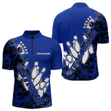 Load image into Gallery viewer, Custom Blue Camo Strike Bowling Quarter-Zip Shirts For Men, Strike Team Bowling League Shirt Shirt IPHW8446