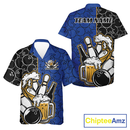 Custom Black And Blue Retro Bowling Beer Team Shirts For Men And Women, Bowling Pattern Jerseys IPHW10537