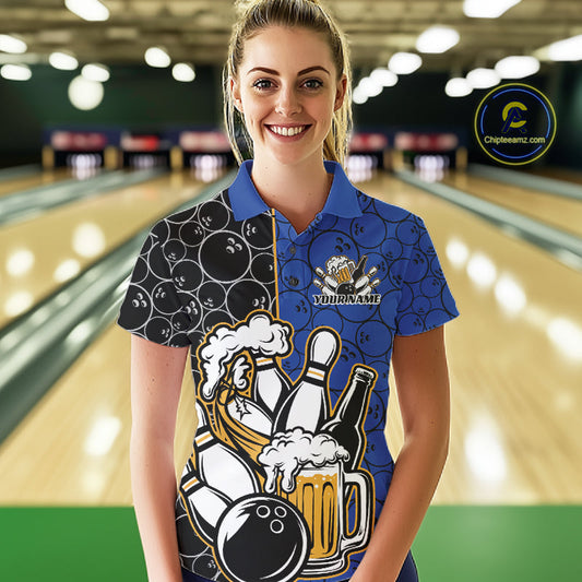 Custom Black And Blue Retro Bowling Beer Team Shirts For Women, Bowling Pattern Jerseys IPHW10537
