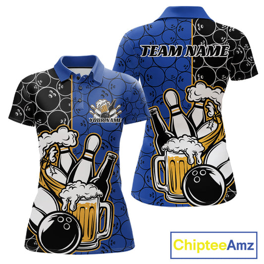 Custom Black And Blue Retro Bowling Beer Team Shirts For Women, Bowling Pattern Jerseys IPHW10537