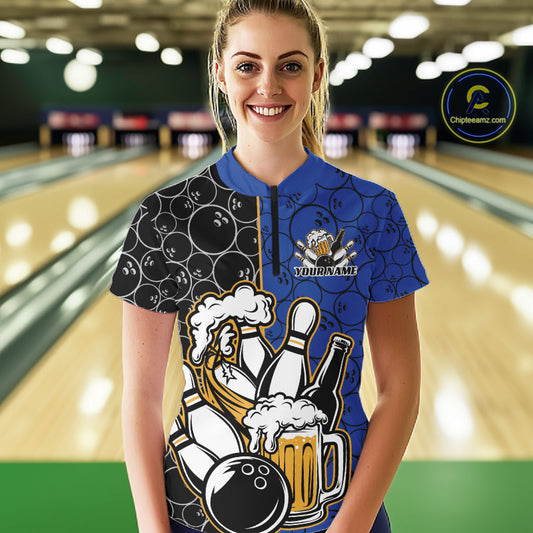 Custom Black And Blue Retro Bowling Beer Team Shirts For Women, Bowling Pattern Jerseys IPHW10537