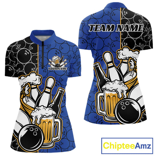 Custom Black And Blue Retro Bowling Beer Team Shirts For Women, Bowling Pattern Jerseys IPHW10537