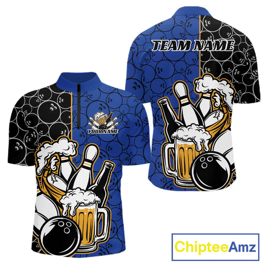 Custom Black And Blue Retro Bowling Beer Team Shirts For Men, Bowling Pattern Jerseys IPHW10537