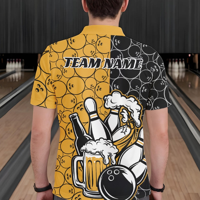 Custom Black And Yellow Retro Bowling Beer Team Shirts For Men, Bowling Pattern Jerseys IPHW10538