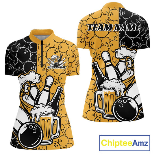 Custom Black And Yellow Retro Bowling Beer Team Shirts For Women, Bowling Pattern Jersey IPHW10538