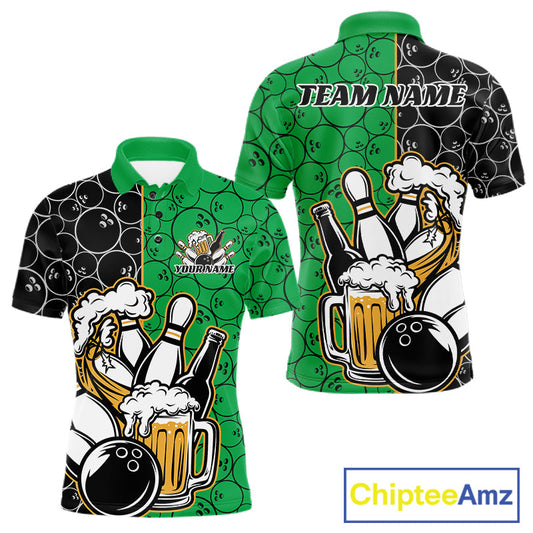 Custom Black And Green Retro Bowling Beer Team Shirts For Men, Bowling Pattern Jerseys IPHW10539