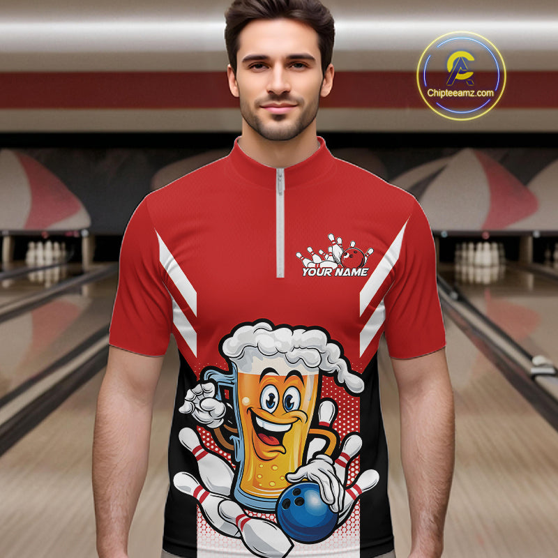 Custom Funny Red Bowling Jerseys Bowling And Beer Men Quarter-Zip Shirts, Bowling Jerseys IPHW10540