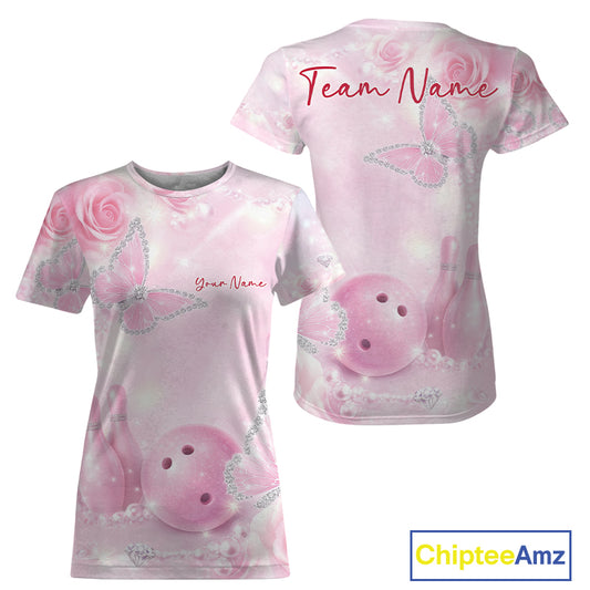 Women’s crewneck bowling shirt mockup shown front and back, featuring pink glitter butterflies, roses, bowling pins, and a bowling ball illustration.
