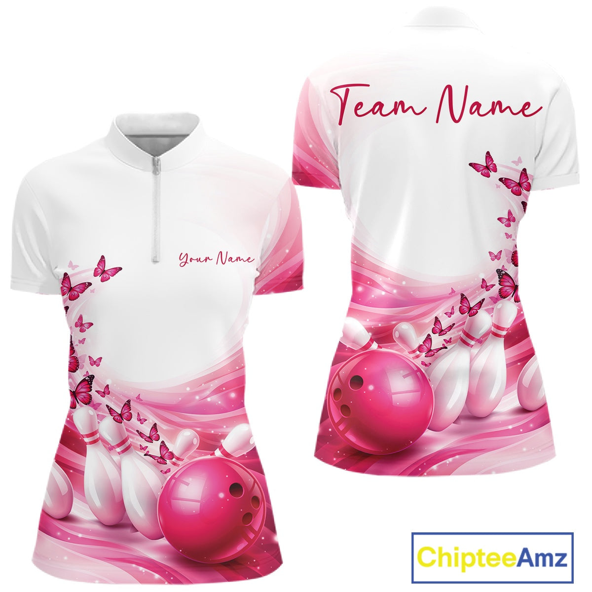 Front and back view of a women s white and pink bowling quarter zip featuring butterfly artwork and bowling-themed graphics.