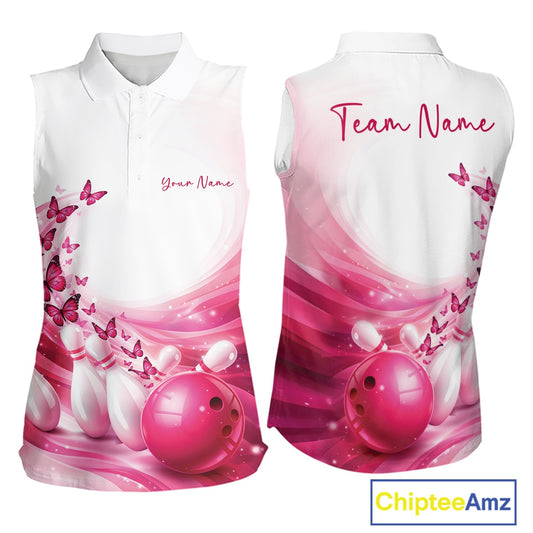 White sleeveless shirt with pink and white designs and 'Team Name' text, featuring butterflies and bowling balls, on a white background.
