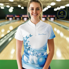 Load image into Gallery viewer, Custom Blue Butterfly Bowling Women Quarter-Zip Shirt, Ladies Bowling Team Outfits IPHW11350