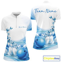 Load image into Gallery viewer, Custom Blue Butterfly Bowling Women Quarter-Zip Shirt, Ladies Bowling Team Outfits IPHW11350