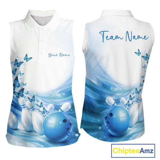 White sleeveless bowling shirt with blue and white design featuring bowling balls and butterflies, personalized with 'Your Name' and 'Team Name'.