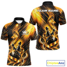 Load image into Gallery viewer, Front and back view of a men's bowling polo shirt mockup featuring a black and gold bowling ball striking pins graphic with flowing metallic ribbon accents.