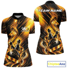 Load image into Gallery viewer, Front and back view of a women's bowling quarter zip mockup featuring a black and gold bowling ball striking pins with flowing metallic ribbon accents.