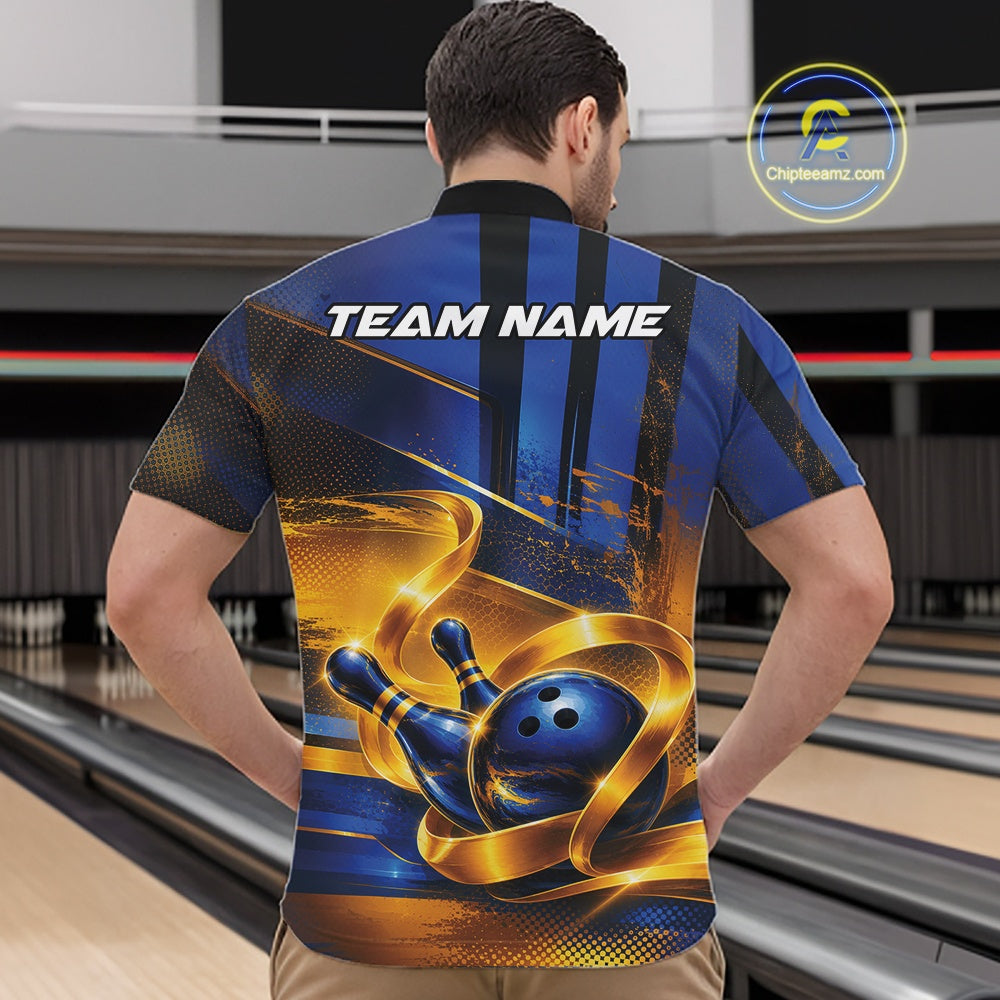 Male model wearing a bowling quarter zip shirt with a glossy blue bowling ball striking pins and flowing gold ribbon artwork, shown from the front in a bowling lane.