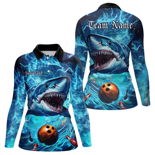 Custom Shark Team Bowling Long Sleeve Polo Shirts For Women, Shark Bowling Team Outfits IPHW8007