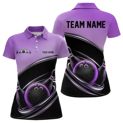 Custom Black And Purple Bowling Polo Shirts For Women, Bowling Team Uniform Bowlers Outfit IPHW8232