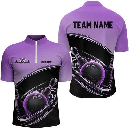 Custom Black And Purple Bowling Quarter-Zip Shirts For Men, Bowling Team Uniform Bowlers Outfit IPHW8232