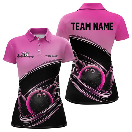 Custom Black And Pink Bowling Polo Shirts For Women, Bowling Team Uniform Bowlers Outfit IPHW8233