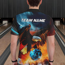 Load image into Gallery viewer, Blue And Orange Custom Flame Eagle Bowling Polo Shirts For Men, Bowling Team Shirt With Name IPHW8449