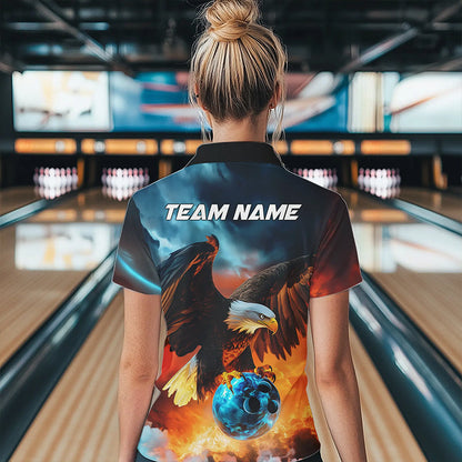 Blue And Orange Custom Flame Eagle Ladies Bowling Quarter-Zip Shirt, Bowling Team Shirt IPHW8449