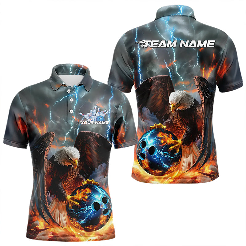 Custom Blue Thunder Lightning Flame Eagle Bowling Polo Shirts For Men, Bowling League Shirt IPHW8450