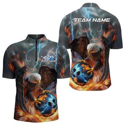 Custom Blue Thunder Lightning Flame Eagle Bowling Quarter-Zip Shirts For Men, Bowling League Shirt IPHW8450
