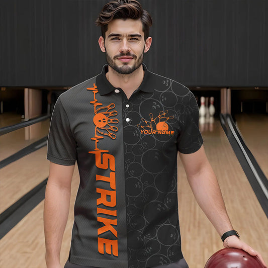 Custom Black And Orange Strike Bowling Polo Shirts For Men, Striking Team Bowling Jerseys IPHW8457