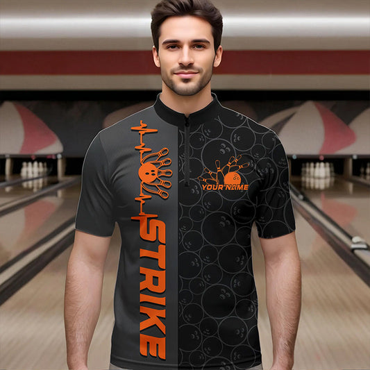 Custom Black And Orange Strike Bowling Quarter-Zip Shirts For Men, Striking Team Bowling Jerseys IPHW8457