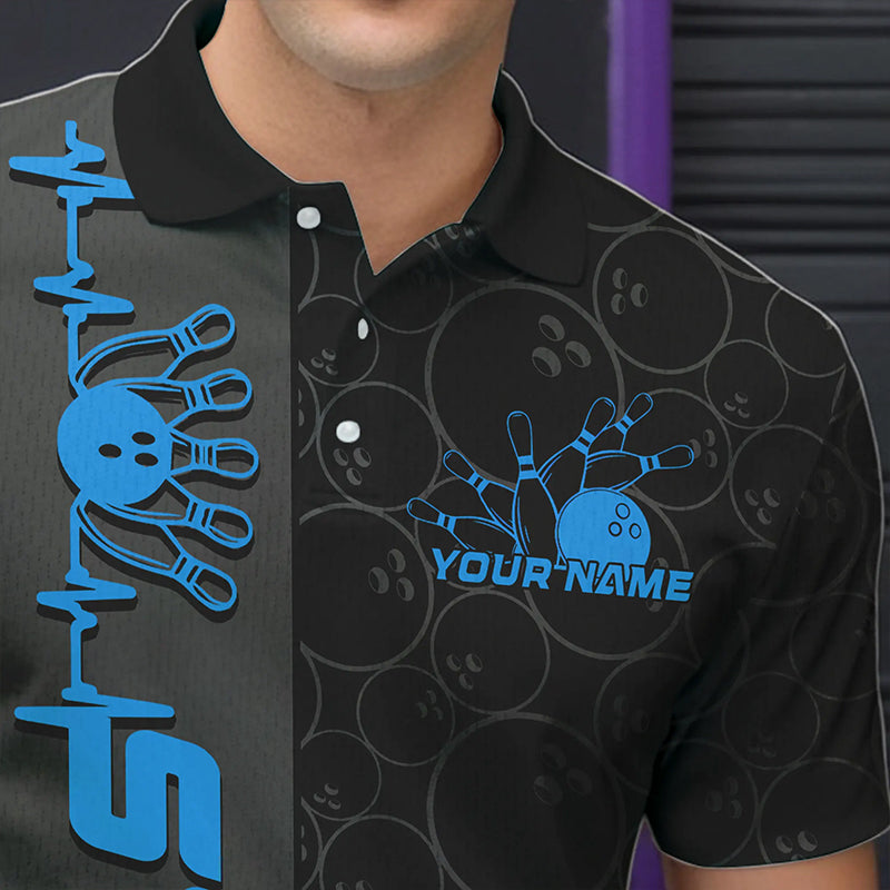 Custom Black And Blue Strike Bowling Polo Shirts For Men, Striking Team Bowling Jerseys IPHW8458