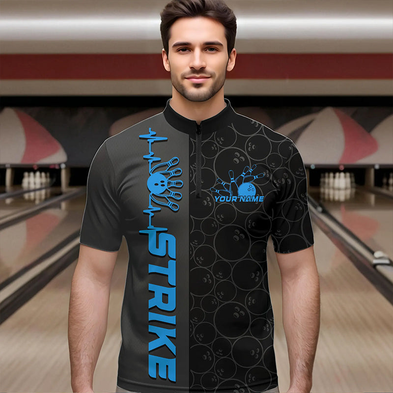 Custom Black And Blue Strike Bowling Quarter-Zip Shirts For Men, Striking Team Bowling Jerseys IPHW8458