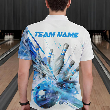 Custom White And Blue Custom Bowling Polo Shirts For Men, Bowling Tournament Team Shirt IPHW8461