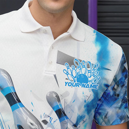 Custom White And Blue Custom Bowling Polo Shirts For Men, Bowling Tournament Team Shirt IPHW8461