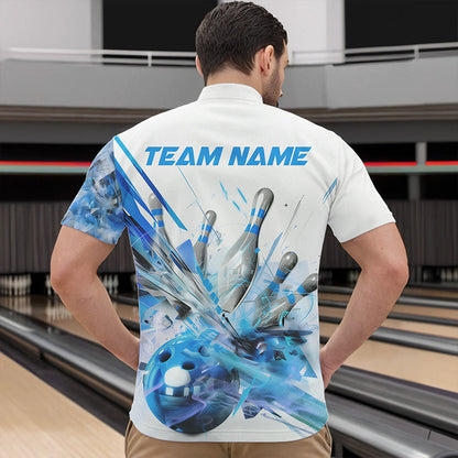 Custom White And Blue Custom Bowling Quarter-Zip Shirts For Men, Bowling Tournament Team Shirt IPHW8461