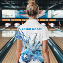 Load image into Gallery viewer, Custom White And Blue Custom Ladies Bowling Quarter-Zip Shirt, Bowling Tournament Shirt IPHW8461