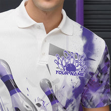Load image into Gallery viewer, Custom White And Purple Custom Bowling Polo Shirts For Men, Bowling Tournament Team Shirt IPHW8462