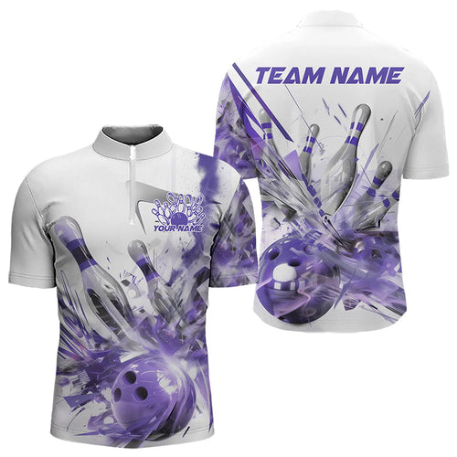 Custom White And Purple Custom Bowling Quarter-Zip Shirts For Men, Bowling Tournament Team Shirt IPHW8462