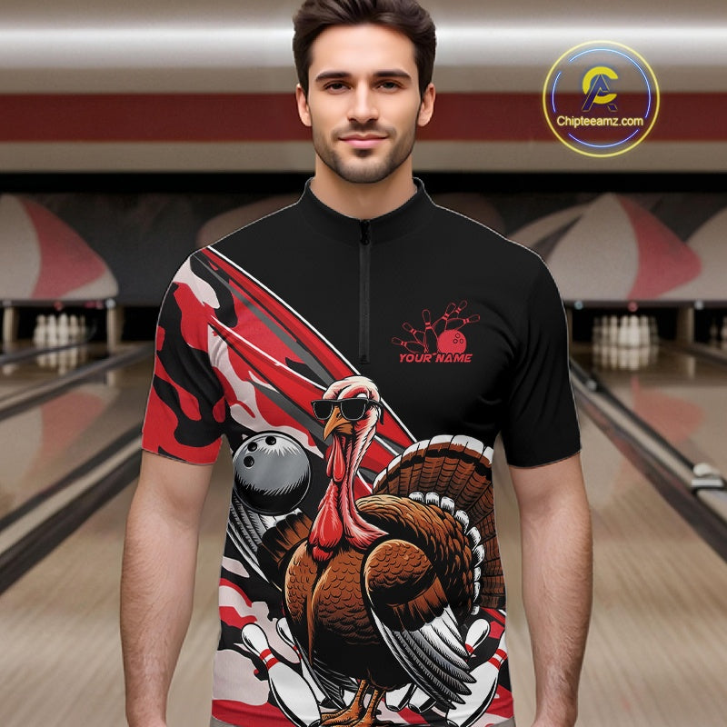 Custom Red Camo Funny Turkey Bowling Team Shirt For Men, Turkey Bowling Jerseys IPHW10550