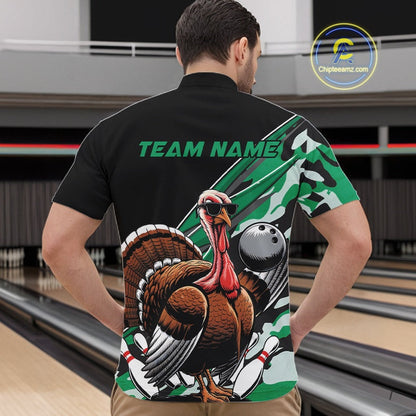 Custom Green Camo Funny Turkey Bowling Team Shirt For Men, Turkey Bowling Jerseys IPHW10551