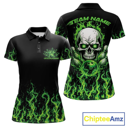 Custom Green Flame Skull Bowling Team Shirts For Women, Halloween Bowling Jerseys IPHW10552