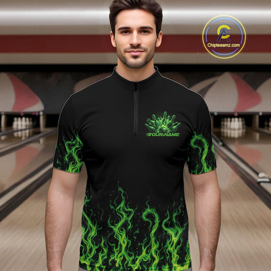Custom Green Flame Skull Bowling Team Shirts For Men, Halloween Bowling Jerseys IPHW10552
