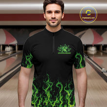Load image into Gallery viewer, Custom Green Flame Skull Bowling Team Shirts For Men, Halloween Bowling Jerseys IPHW10552