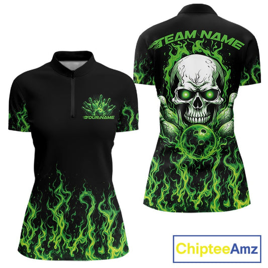 Custom Green Flame Skull Bowling Team Shirts For Women, Halloween Bowling Jerseys IPHW10552