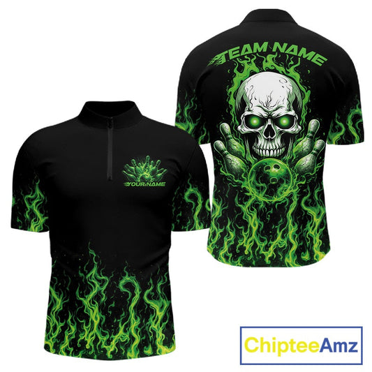 Custom Green Flame Skull Bowling Team Shirts For Men, Halloween Bowling Jerseys IPHW10552