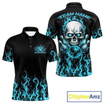 Custom Blue Flame Skull Bowling Team Shirts For Men, Halloween Bowling Jerseys IPHW10555