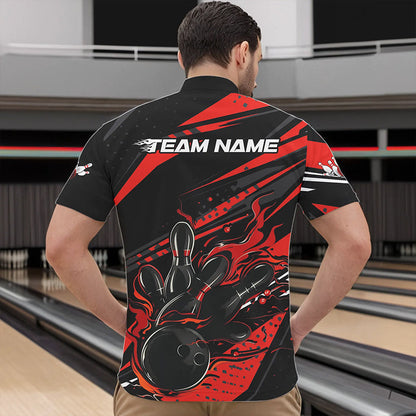 Custom Black And Red Flame Men Bowling Quarter-Zip Shirts, Fire Bowling Ball Bowling Team Shirt IPHW8697