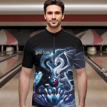 Custom Blue Lightning Black And White Dragons Bowling Quarter-Zip Shirts For Men Bowlers Outfit IPHW8957