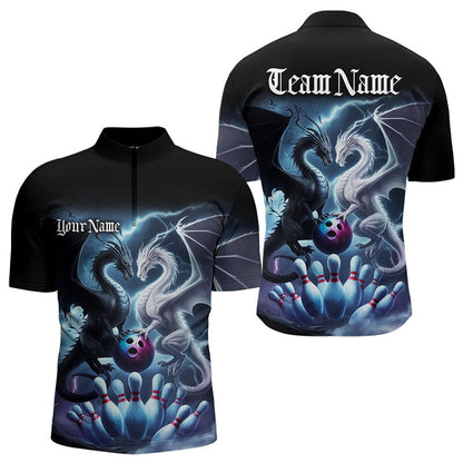 Custom Blue Lightning Black And White Dragons Bowling Quarter-Zip Shirts For Men Bowlers Outfit IPHW8957
